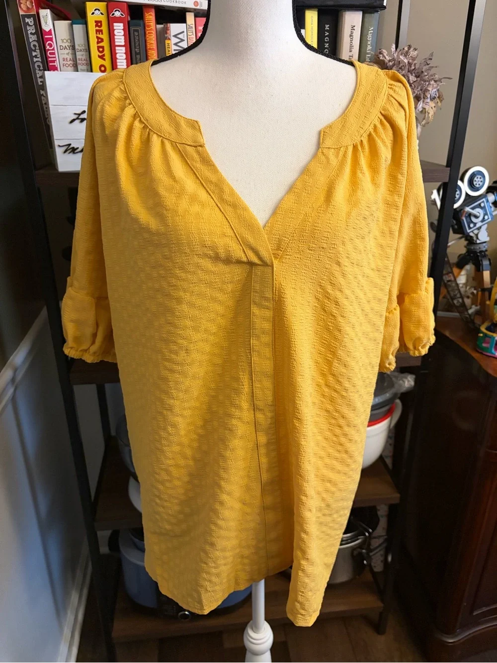 Textured V-Neck Tunic Blouse in Mustard Yellow